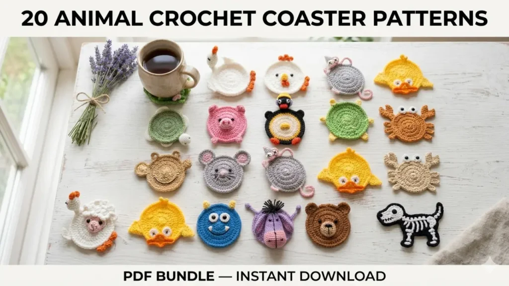 A cozy flat lay product thumbnail on a warm white wood surface showing a collection of adorable crocheted animal coasters arranged in a neat grid — including a green frog, yellow duck, penguin, turtle, crab, and skeleton dog. Each coaster has visible stitching detail, safety eyes, and tiny crocheted limbs. A ceramic coffee mug sits on top of the frog coaster. Soft natural daylight from the side. Clean, warm, lifestyle photography aesthetic. Bold text overlay at the top reads "20 Animal Crochet Coaster Patterns" in a modern sans-serif font. Bottom text in smaller uppercase: "PDF BUNDLE — INSTANT DOWNLOAD". No free badge. Premium Etsy digital product thumbnail style. Photorealistic, ultra sharp, 8K, 16:9 ratio.